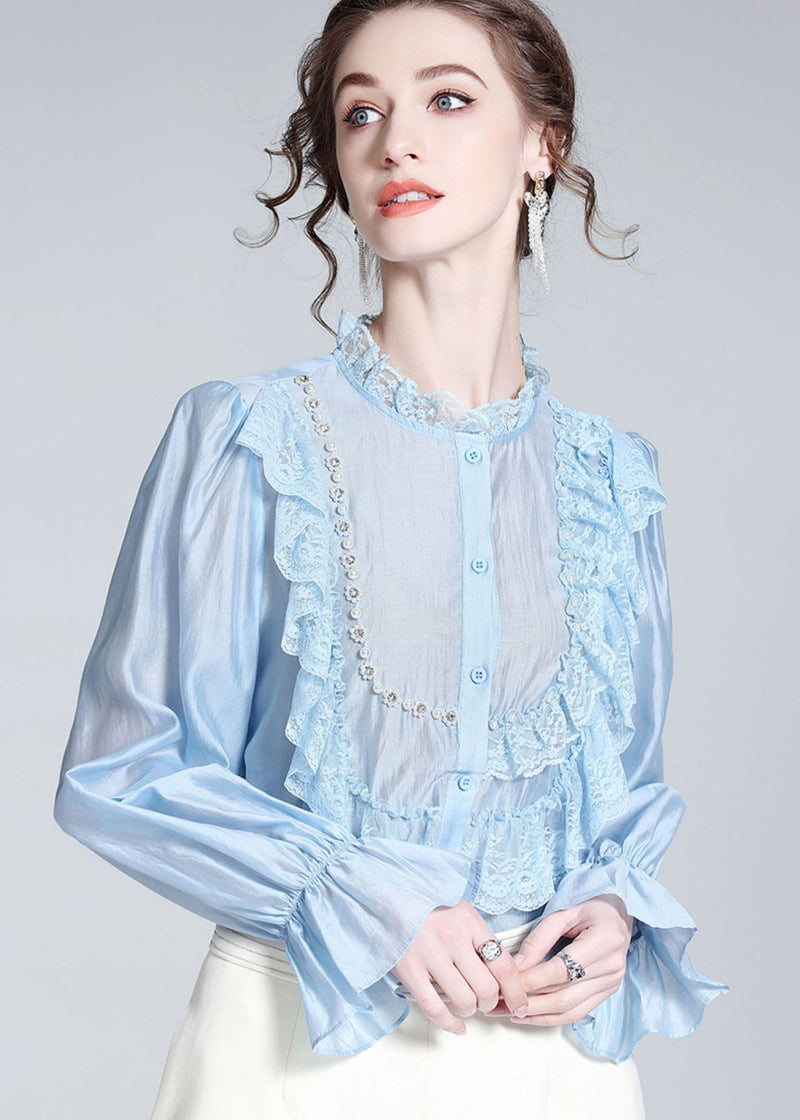 Light Blue Lace Ruffled Nail Bead Patchwork Silk Shirt Spring