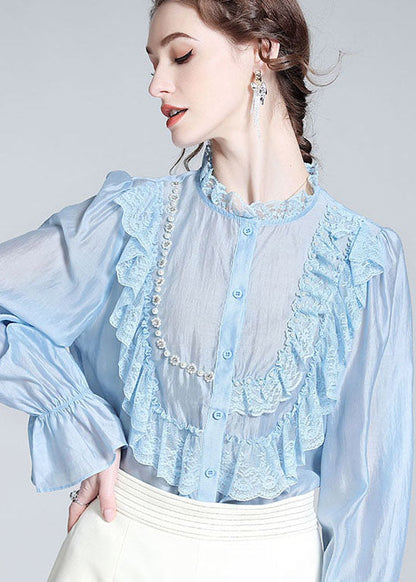 Fashion Light Blue Lace Ruffled Nail bead Patchwork Silk Shirt Spring