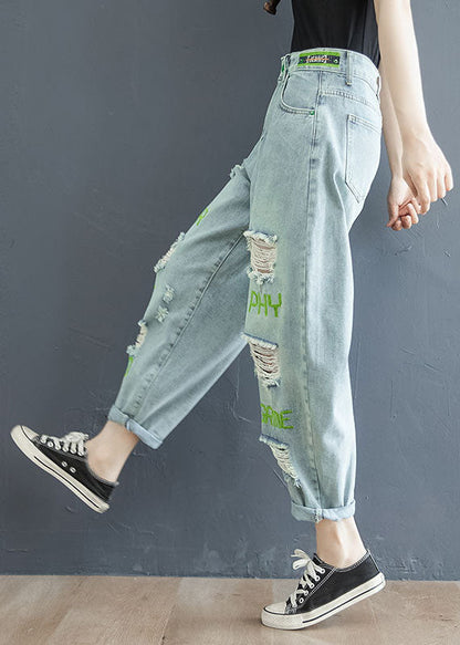 Light Blue Letter Embroideried Pockets Hole Cotton Denim Crop Pants Summer