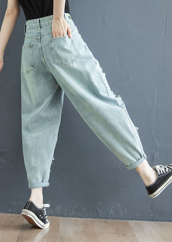 Light Blue Letter Embroideried Pockets Hole Cotton Denim Crop Pants Summer