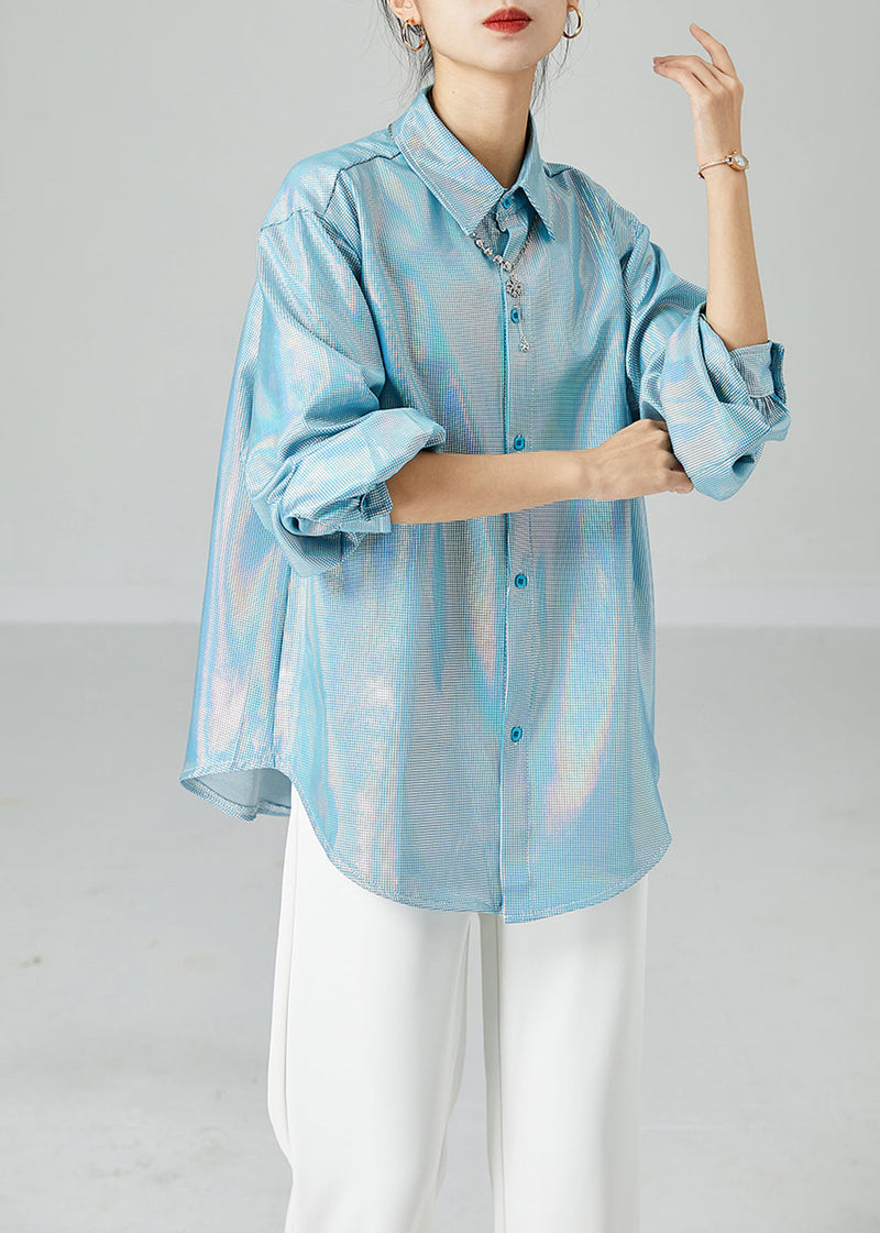 Light Blue Peter Pan Collar Oversized Plaid Shirts Spring