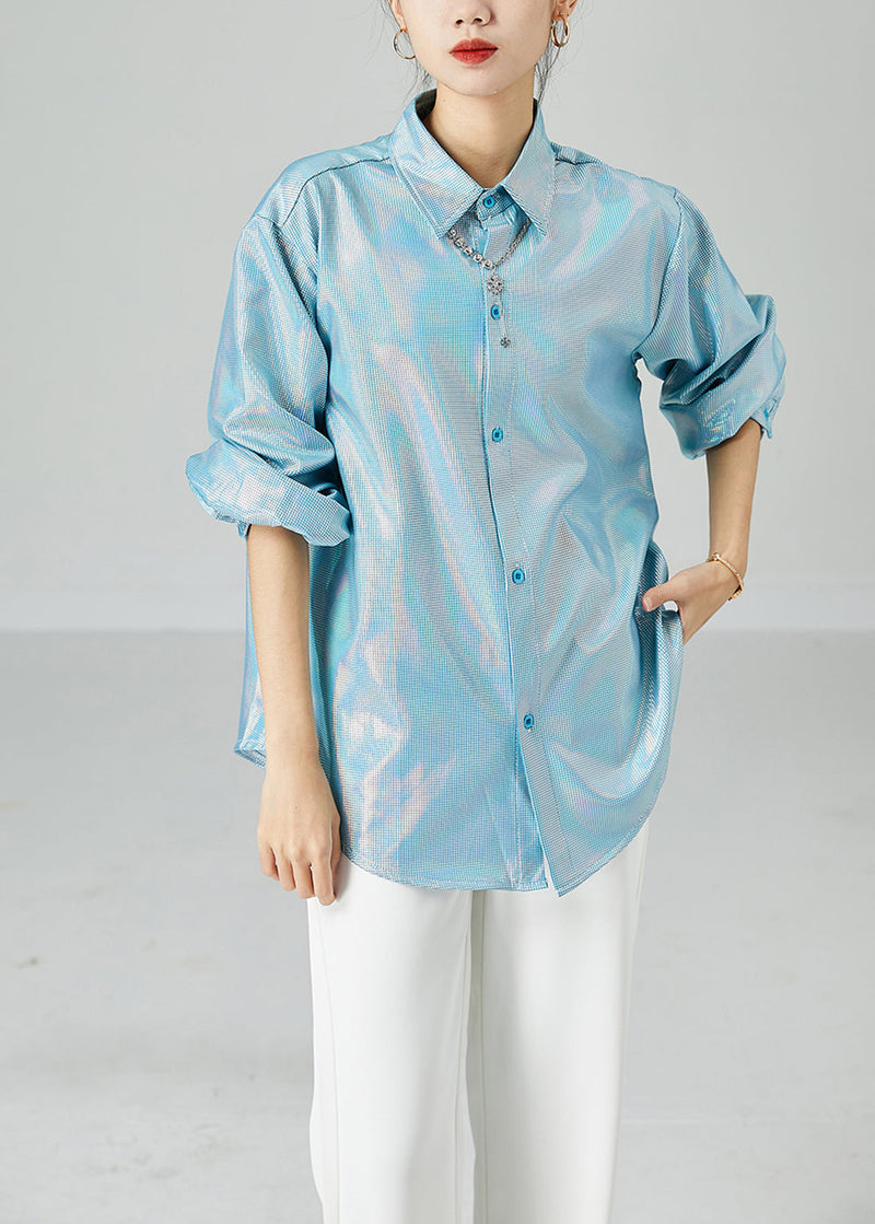 Light Blue Peter Pan Collar Oversized Plaid Shirts Spring