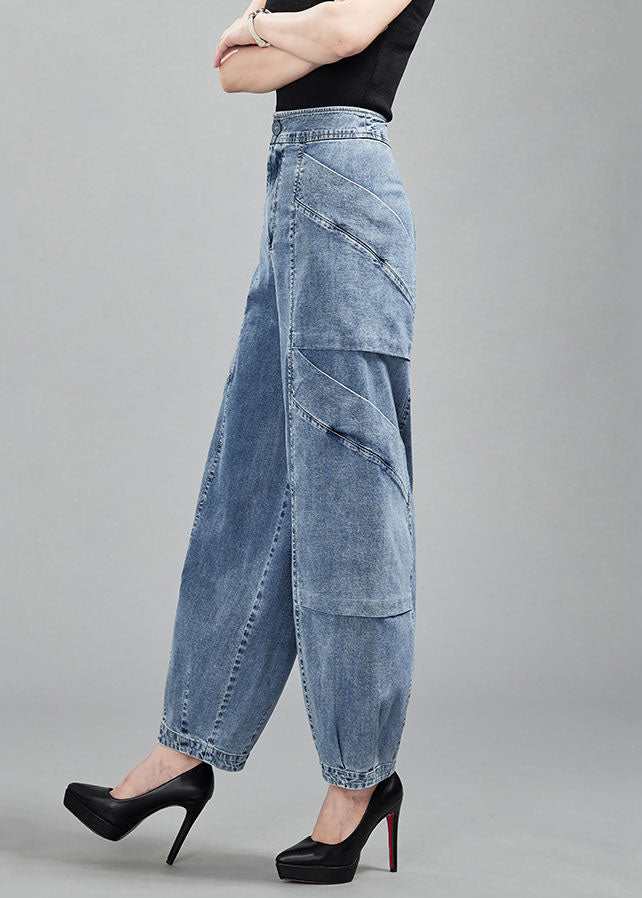 Light Blue Pockets Patchwork Cotton Denim Lantern Pants Trousers Spring