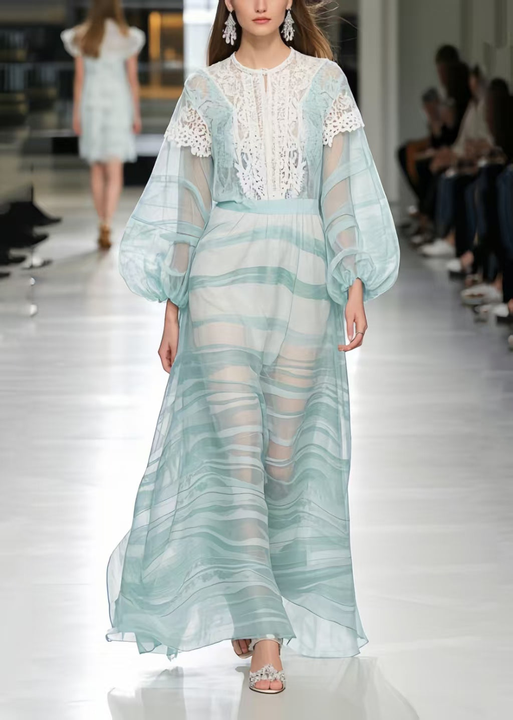 Light Blue Print Lace Patchwork Chiffon Ankle Dress Summer