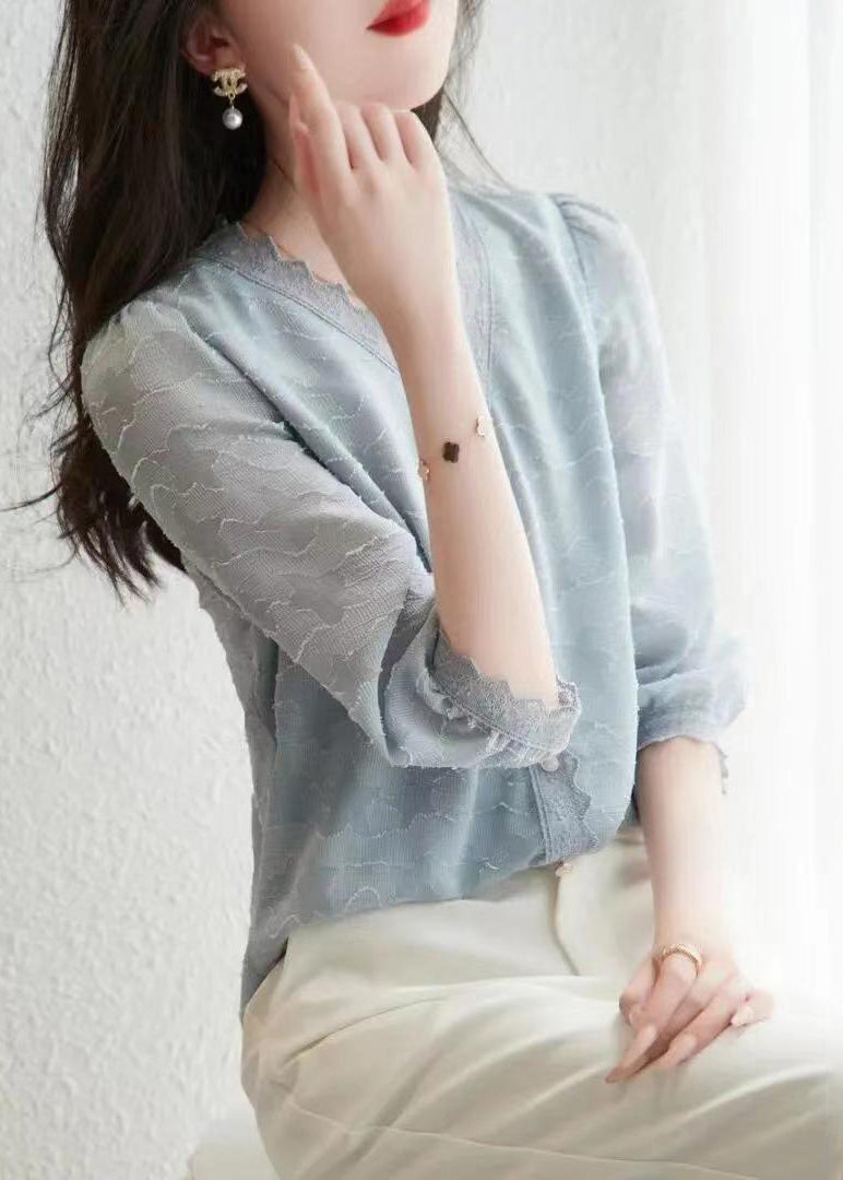Light Blue V Neck Button Cotton Shirt Tops Half Sleeve