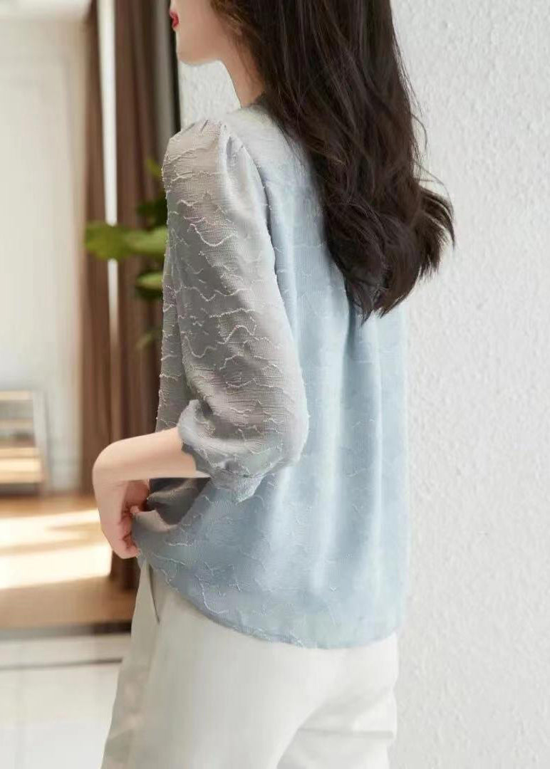 Light Blue V Neck Button Cotton Shirt Tops Half Sleeve
