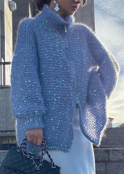 Light Camel Zip Up Sequins Knit Cardigan Spring