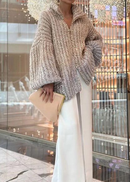 Light Camel Zip Up Sequins Knit Cardigan Spring