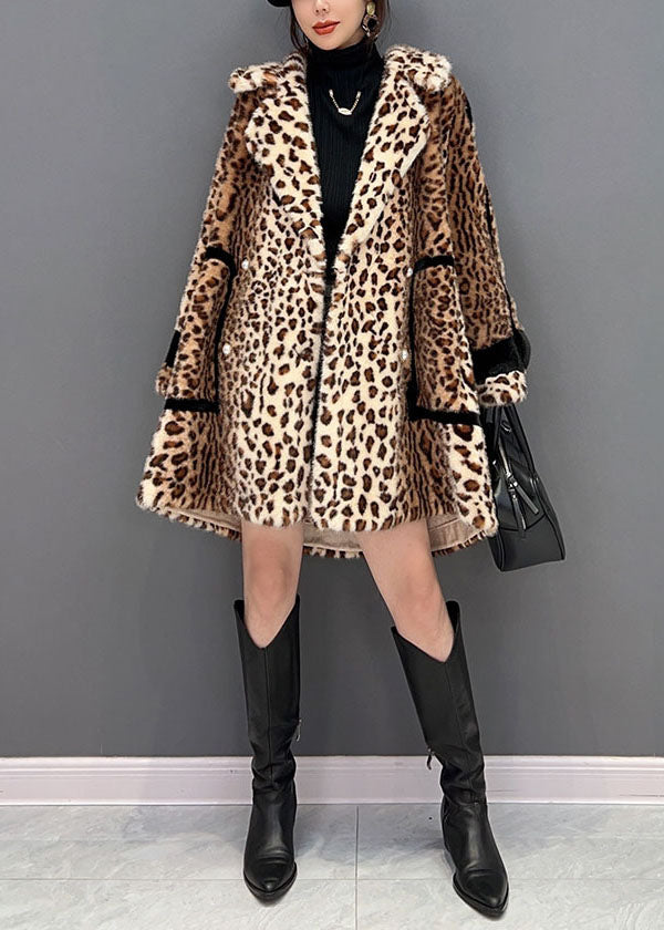 Light Chocolate Notched Leopard Fuzzy Fur Fluffy Loose Coat Winter