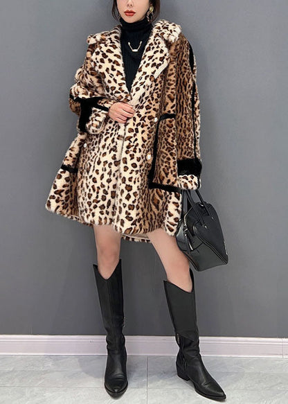 Light Chocolate Notched Leopard Fuzzy Fur Fluffy Loose Coat Winter