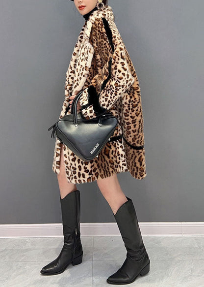Light Chocolate Notched Leopard Fuzzy Fur Fluffy Loose Coat Winter
