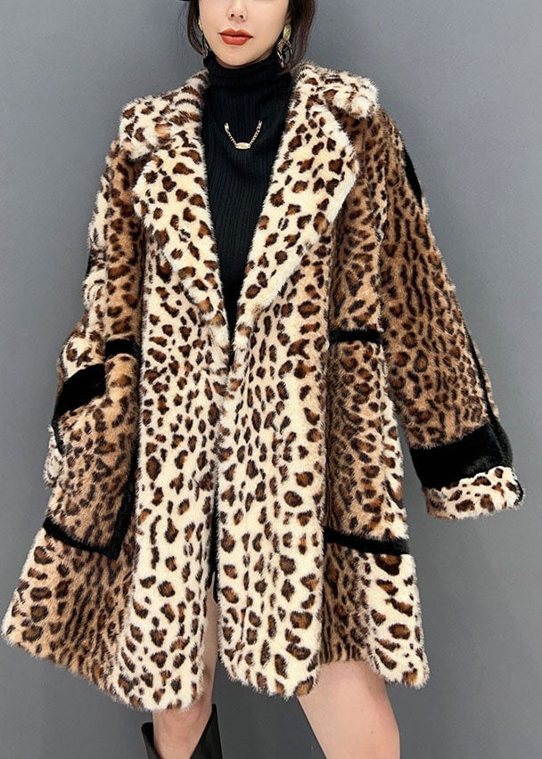 Light Chocolate Notched Leopard Fuzzy Fur Fluffy Loose Coat Winter