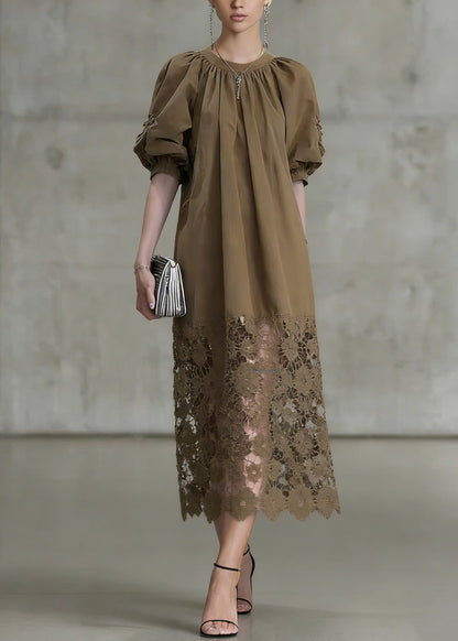 Light Coffee Puff Sleeve Lace Patchwork Cotton Long Dress