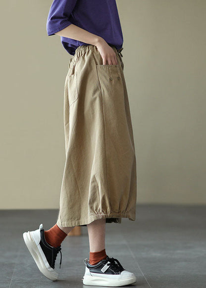 Light Green Elastic Waist Side Open Pockets Cotton Skirt Summer