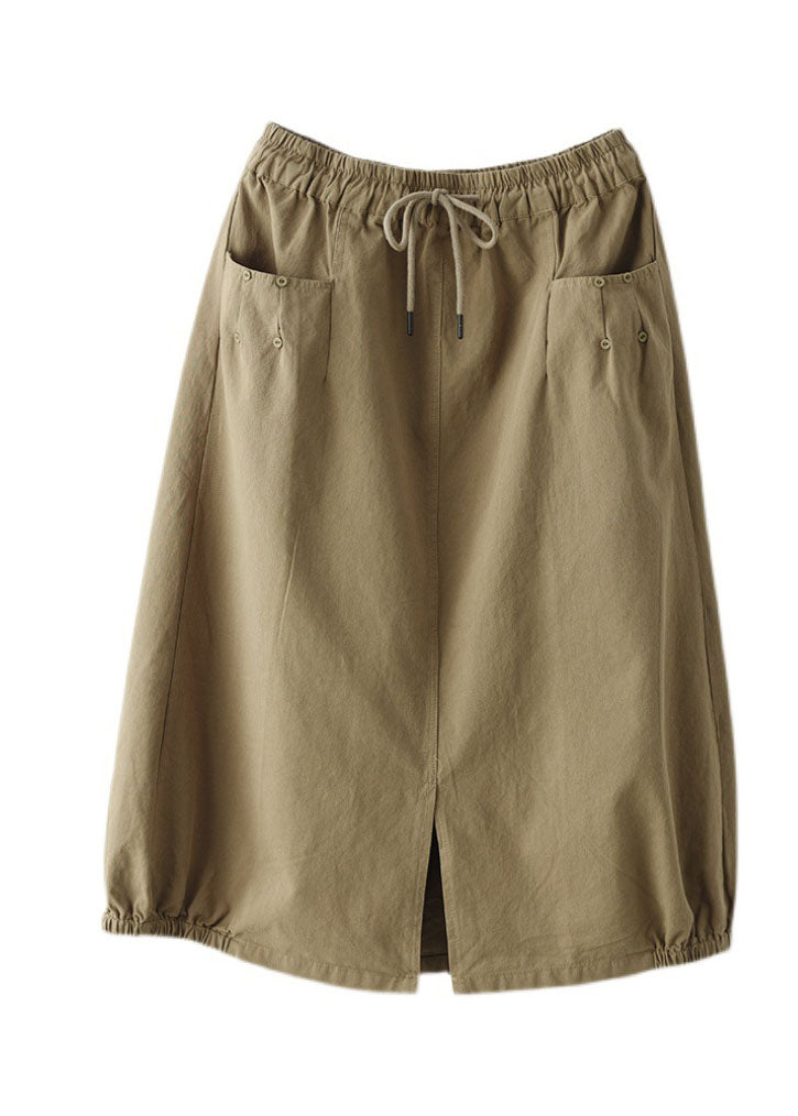 Light Green Elastic Waist Side Open Pockets Cotton Skirt Summer