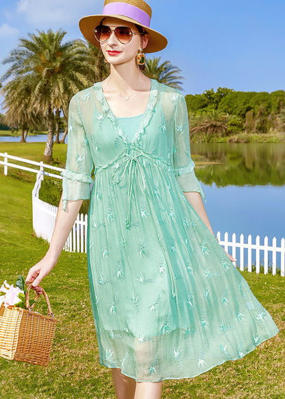 Light Green Embroideried Patchwork Tie Waist Silk Dresses Half Sleeve