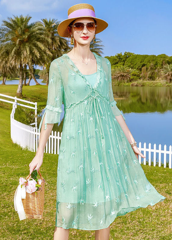 Light Green Embroideried Patchwork Tie Waist Silk Dresses Half Sleeve