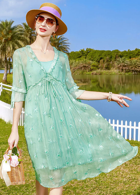 Light Green Embroideried Patchwork Tie Waist Silk Dresses Half Sleeve
