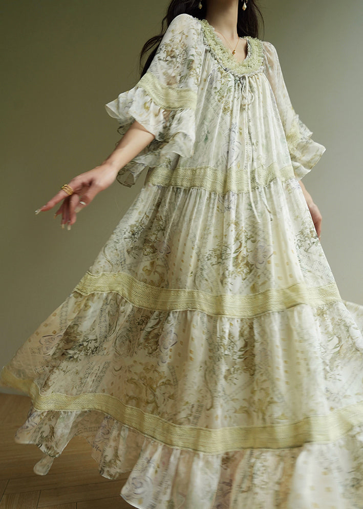 Light Green Ruffled Print Wrinkled Maxi Dress Short Sleeve