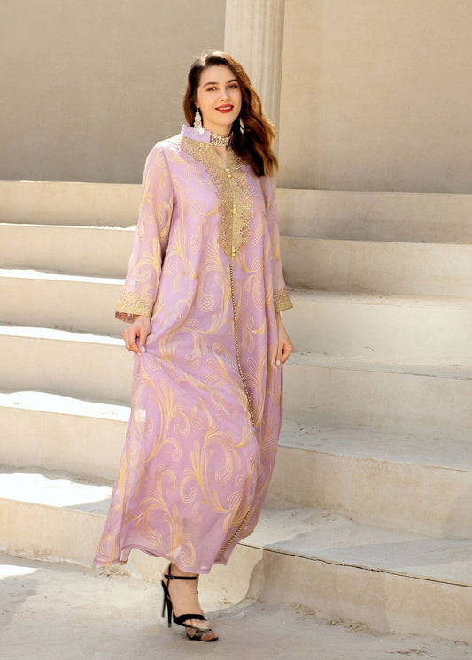 Light Purple Stand Collar Embroideried Tulle Long Dress Fall