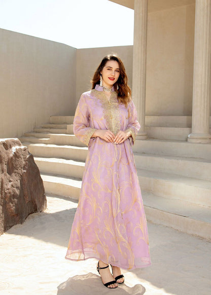 Light Purple Stand Collar Embroideried Tulle Long Dress Fall