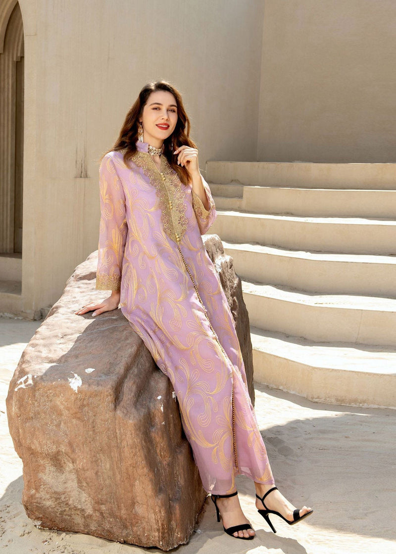 Light Purple Stand Collar Embroideried Tulle Long Dress Fall