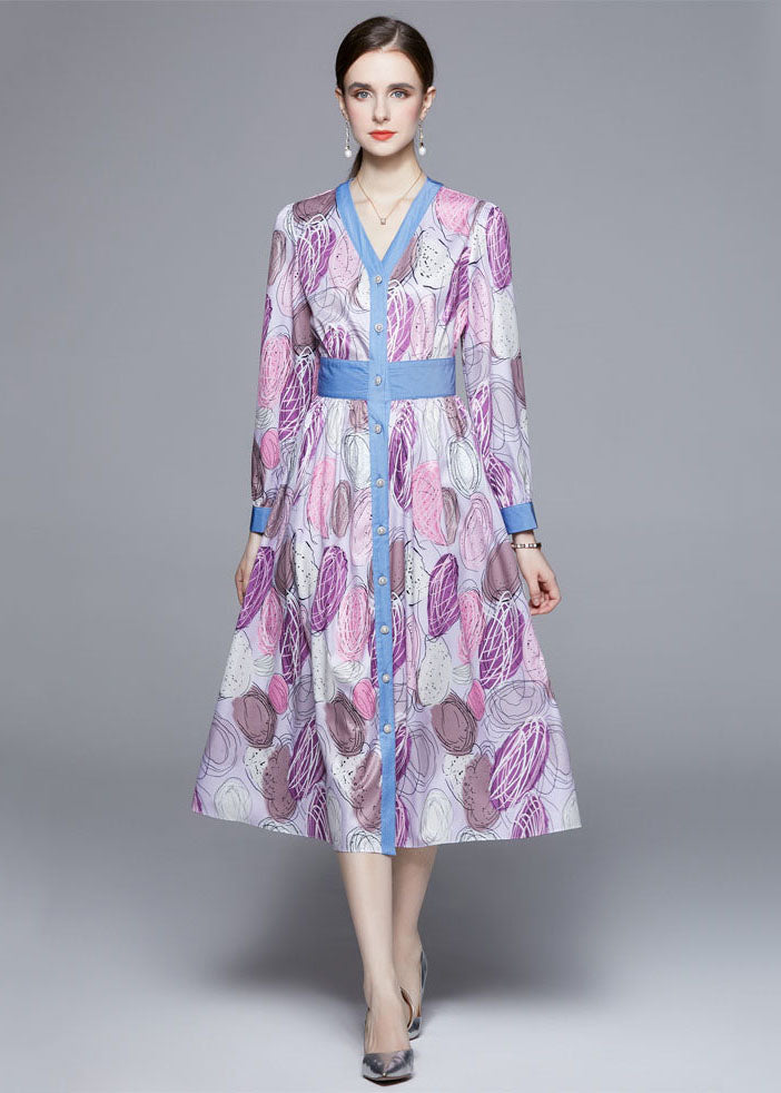 Light Purple V Neck Patchwork Print Cinch Dress Long Sleeve