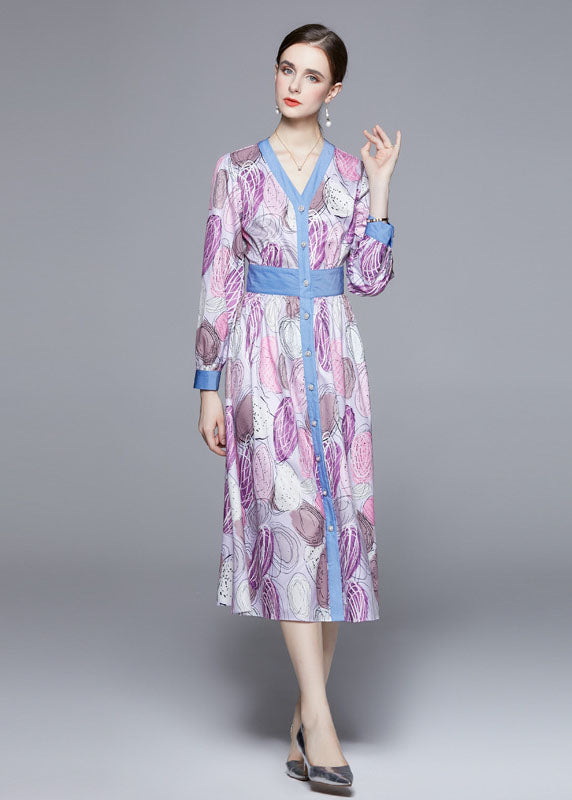 Light Purple V Neck Patchwork Print Cinch Dress Long Sleeve