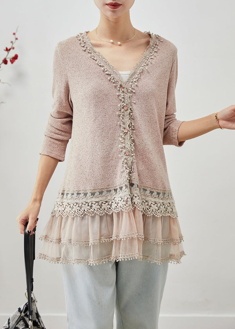 Light Purple V Neck Patchwork Ruffles Spandex Tops Fall