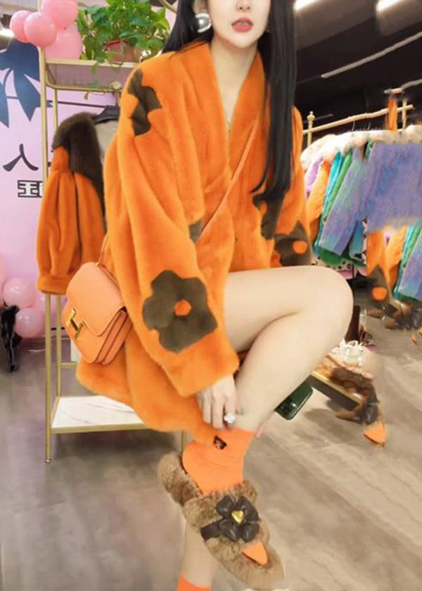 Loose Orange V Neck Pockets Mink Hair Jackets Winter