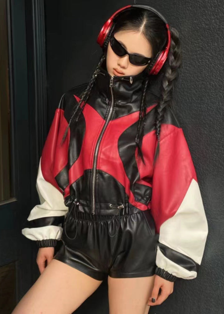 Loose Red Drawstring Patchwork Faux Leather Jacket Spring