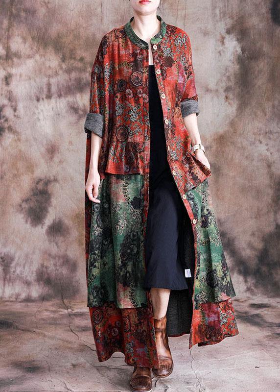 Loose Fall Red Patchwork Green Print Pockets Coat for Woman