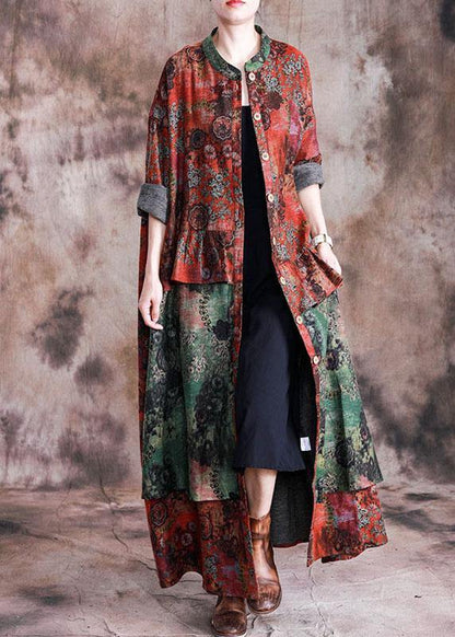 Loose Fall Red Patchwork Green Print Pockets Coat for Woman