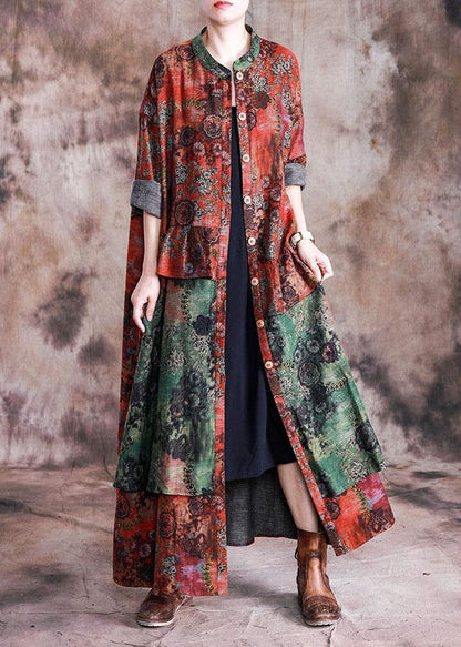 Loose Fall Red Patchwork Green Print Pockets Coat for Woman