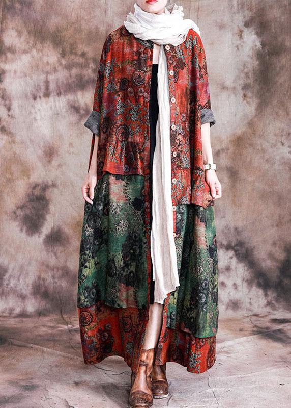 Loose Fall Red Patchwork Green Print Pockets Coat for Woman