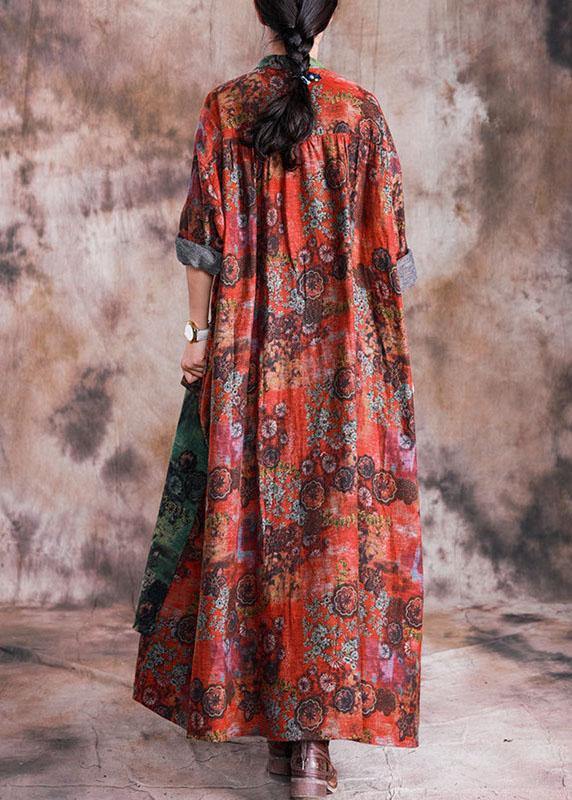 Loose Fall Red Patchwork Green Print Pockets Coat for Woman