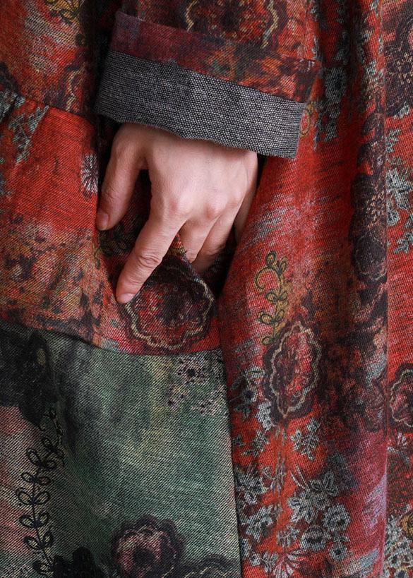 Loose Fall Red Patchwork Green Print Pockets Coat for Woman