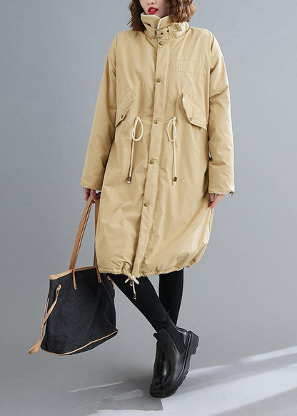 Loose Fitting Mid-length Coats Khaki Square Collar Drawstring Woolen Coats