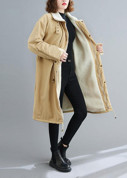 Loose Fitting Mid-length Coats Khaki Square Collar Drawstring Woolen Coats