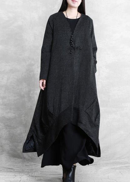 Loose Fitting Trench Coat Black Striped V Neck Patchwork Woolen Coats