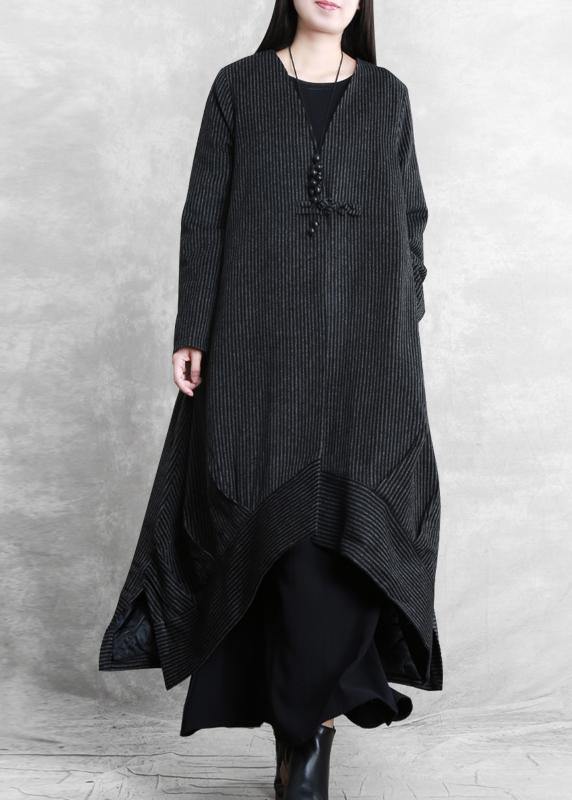 Loose Fitting Trench Coat Black Striped V Neck Patchwork Woolen Coats