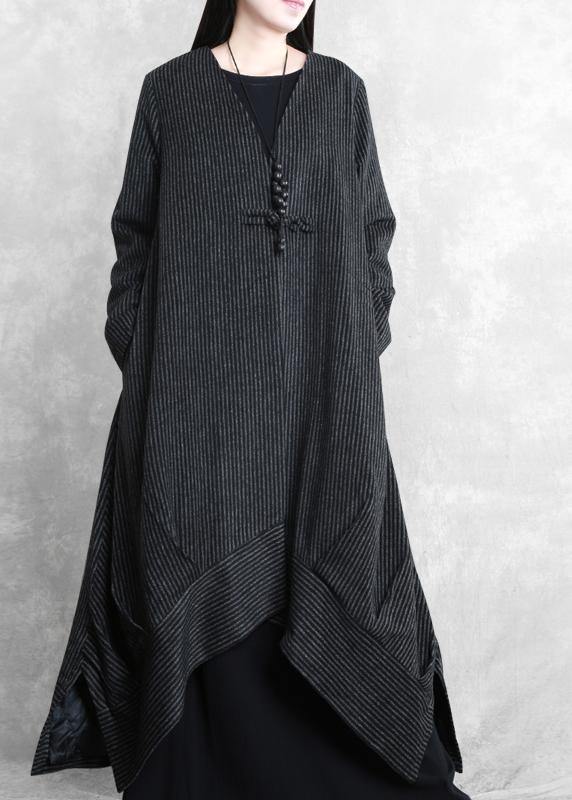 Loose Fitting Trench Coat Black Striped V Neck Patchwork Woolen Coats