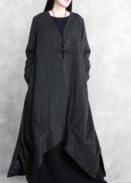 Loose Fitting Trench Coat Black Striped V Neck Patchwork Woolen Coats