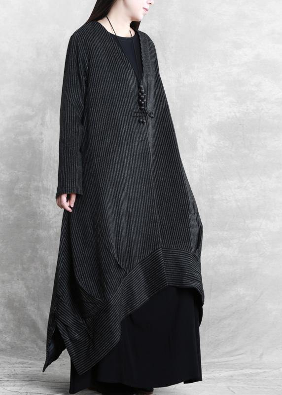 Loose Fitting Trench Coat Black Striped V Neck Patchwork Woolen Coats
