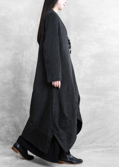 Loose Fitting Trench Coat Black Striped V Neck Patchwork Woolen Coats