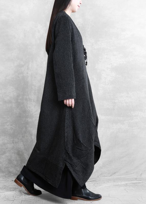 Loose Fitting Trench Coat Black Striped V Neck Patchwork Woolen Coats