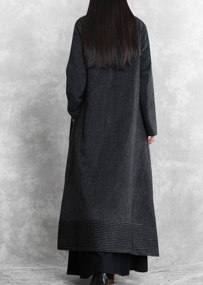 Loose Fitting Trench Coat Black Striped V Neck Patchwork Woolen Coats