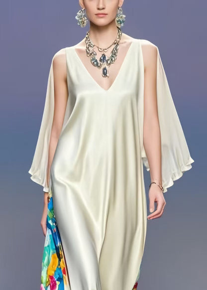 Milk White V Neck Patchwork Silk Vacation Dresses Cloak Sleeves