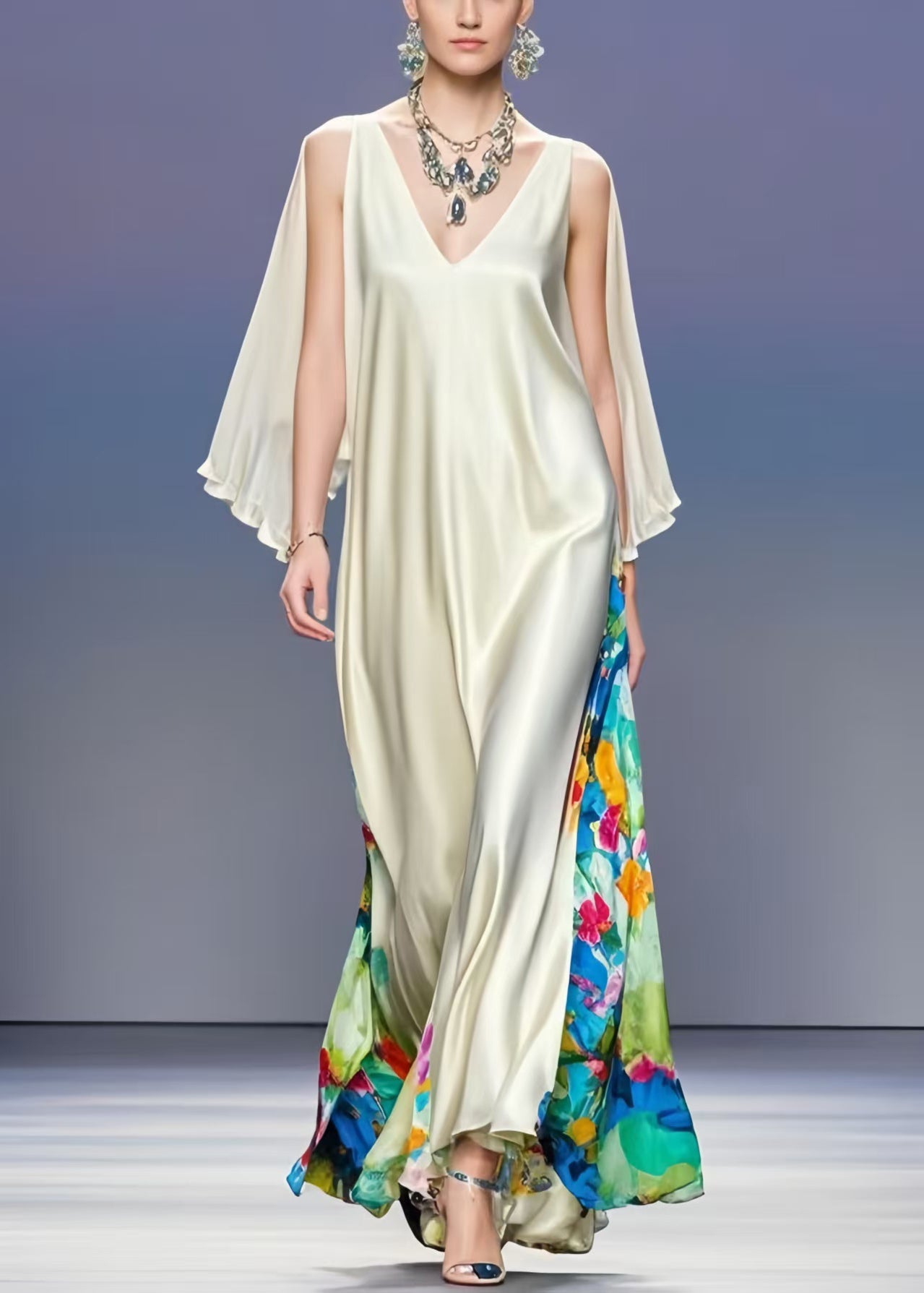 Milk White V Neck Patchwork Silk Vacation Dresses Cloak Sleeves