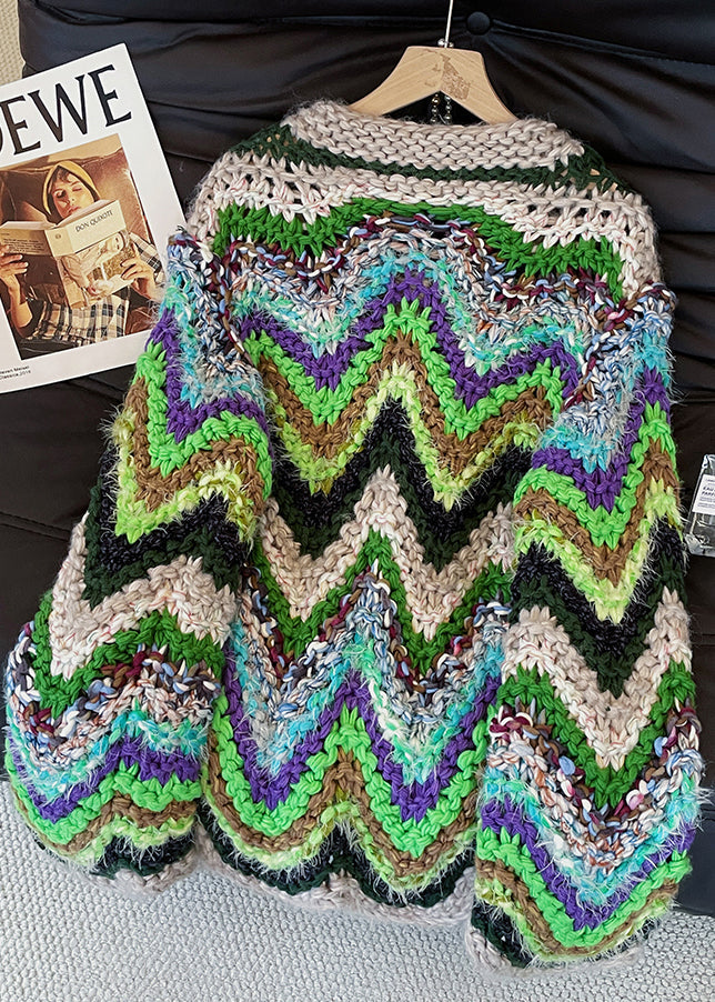 Mixed Color Striped Thick Knit Cardigans Fall